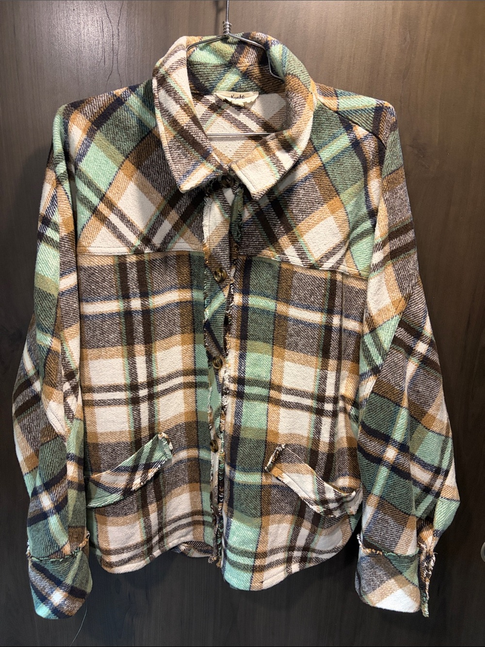 KyeMi Plaid Shacket Jacket in Mint & Brown Medium